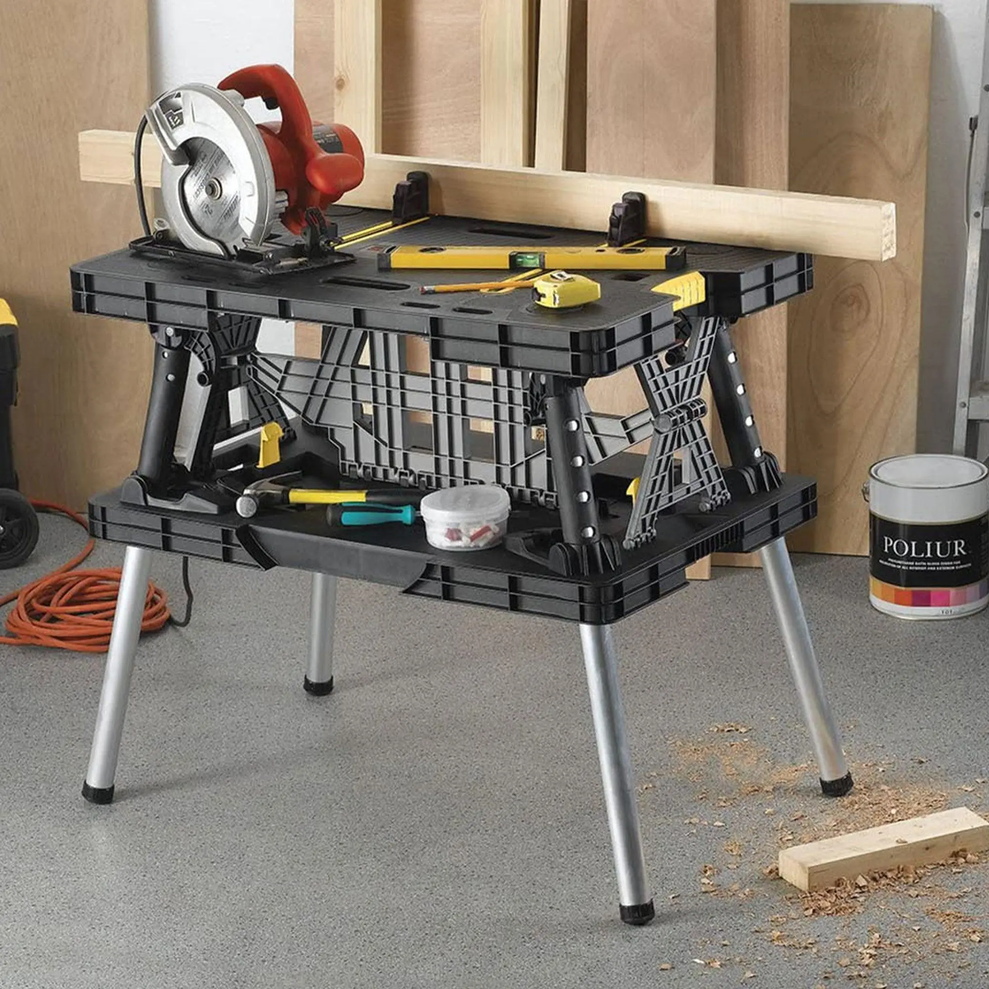 Keter Heavy Duty Portable Folding Table Tool Storage Stand Workbench Sawhorse with 12" Clamps for DIY Projects Home Improvement Weather Resistant Polypropylene Aluminum