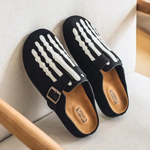 Men's Black Mules Loafers - Suede Skeleton Edge, 1-Pair, 1-Foot Pedal, Round Toe, No Heel, Low Casual Ankle Flats, Breathable Soft PU Upper, Rubber Sole, Lightweight for Everyday Wear
