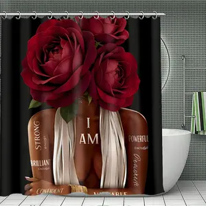 Valentine's Day Limited Edition Rose Head Meshelly Waterproof Shower Curtain, 72wx72h, Burgundy Rose Floral, African American Style, Feminine Design