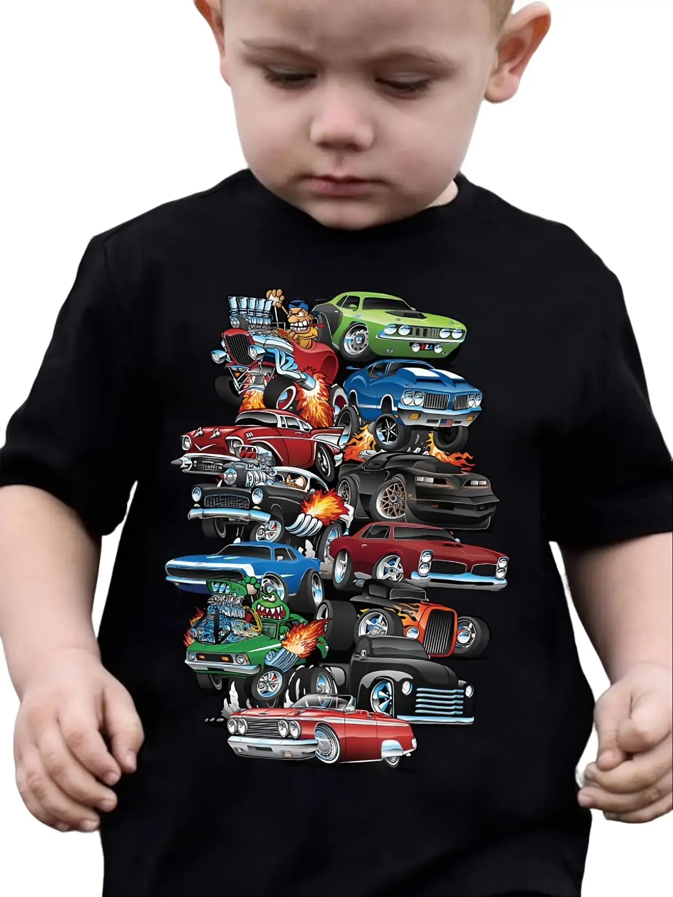 Toddler Boys Hot Rod & Muscle Car Stack Graphic T-Shirt, Soft Cotton Short Sleeve Tee, Cool Cartoon Car Top for Kids