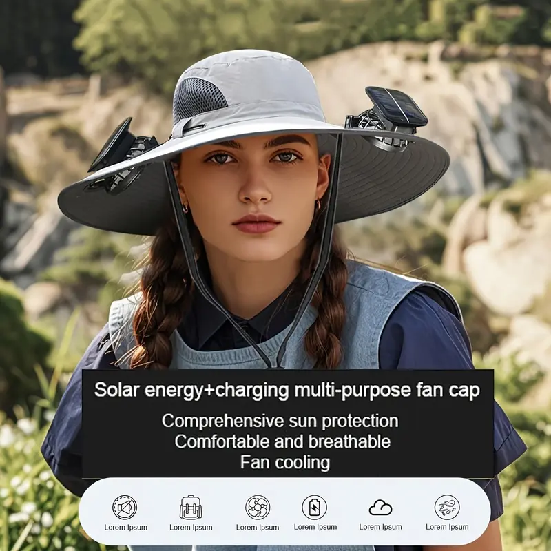Wide Brim Sun Hat with 2 Solar Fans, UPF 50+ Bucket Hat for Men Women, 100% Polyester, Lightweight, Breathable, Solar & USB Powered, 4.8 Inch Wide Brim, Comfortable for Fishing & Beach Activities