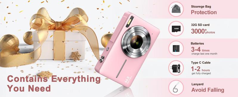 Summer Release | CAMKORY Portable Pocket Vlogging Camera with 32GB SD Card & Wrist Strap, Self Timer, Anti-Shake, 16X Digital Zoom, FHD 1080P Point & Shoot Camera for Daily Photography, Perfect Holiday Gift for Adults, Teens & Kids【Light Pink】