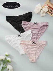 Women's Cute Bow Decor Triangle Panties, 4-Piece Set, Multi-Color Options, Perfect for All Seasons, Daily Wear Essentials