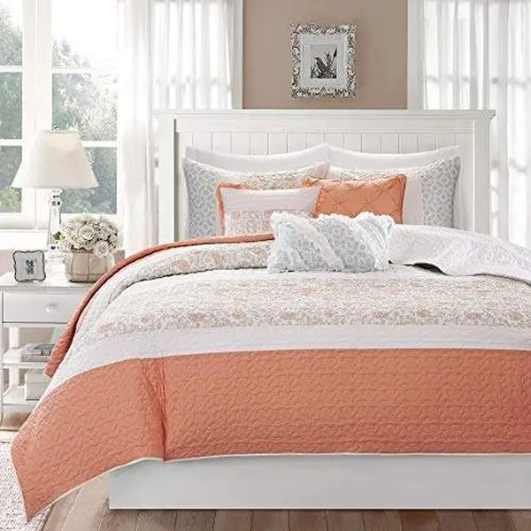 Madison Park 100% Cotton Quilt Set Floral Print, Double Sided Stitching, All Season, Lightweight Coverlet Shabby Chic Bedding Layer, Matching Shams, King/Cal King, Coral 6 Piece