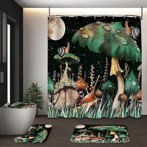 LVRLVR 4Pcs Magical Mushroom and Snail Print Whimsical Forest Multi-Color Shower Curtain Set 70.8×70.8 Inch