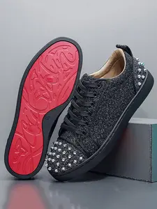 Men's Fashion Athletic Outdoor Urban Casual Shoes, Trainer, Rivet Board Sneakers, Closed, All-Season Plain Design, PU Leather, Rubber Sole, Versatile Party Wear, Footwear