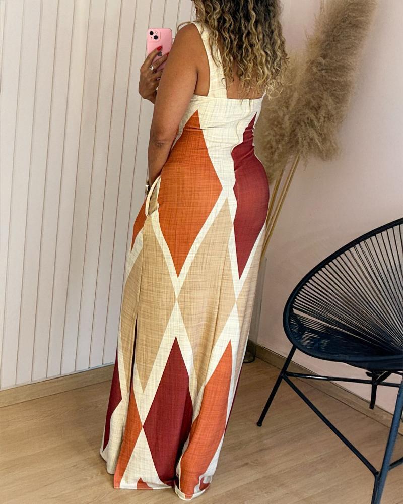 ChicMe Women's Geometric Print Thick Strap Dress Casual Slim Fit Slit Maxi Dress with Pockets Summer Womenswear