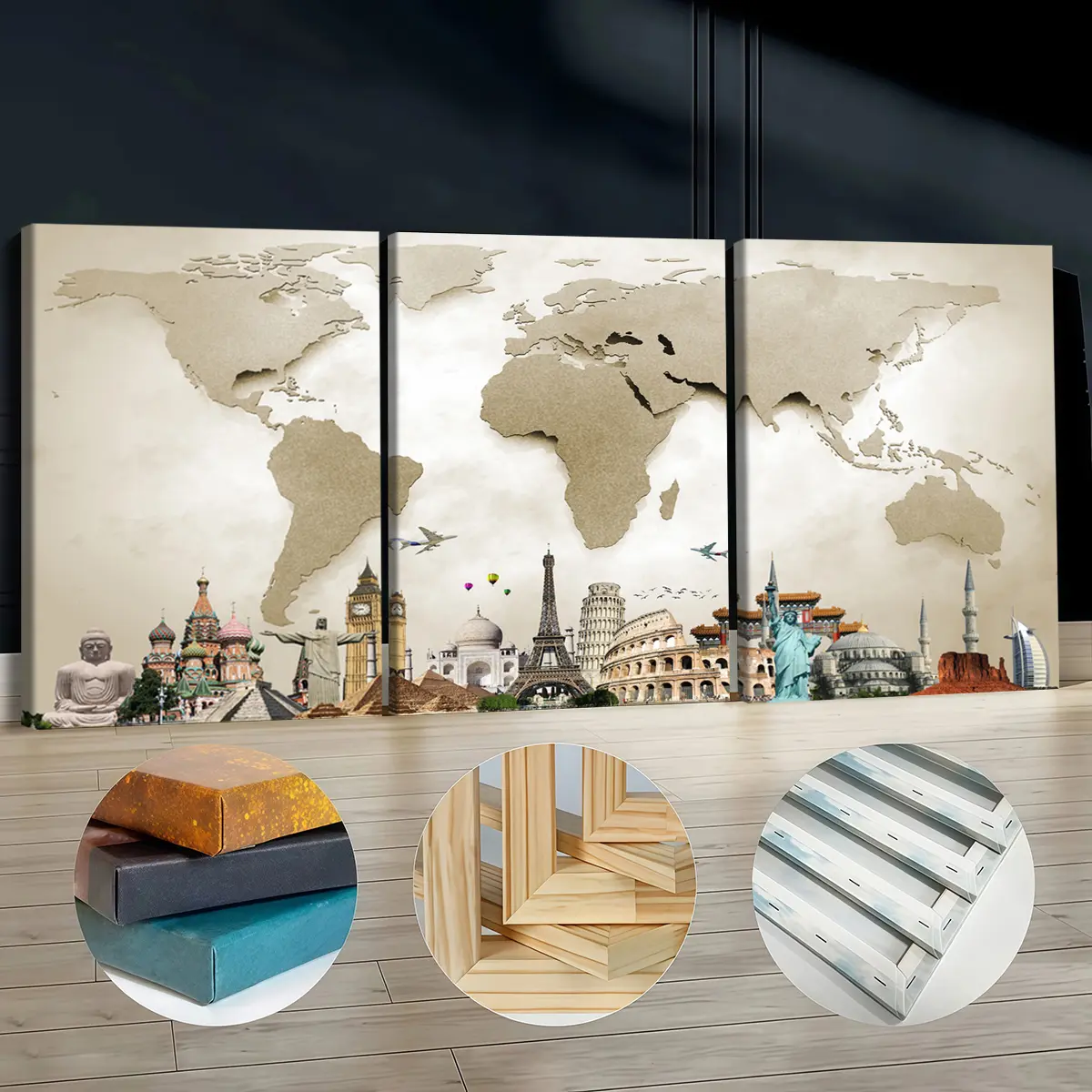3Pcs Pine Wood-Framed Decorative Canvas Painting Set - Fashion World Landmarks & Map Collage, 30*40cm(11.8*15.7in) Exquisite Print, Home Decor Decoration for Living Room, Indoors Room Decor