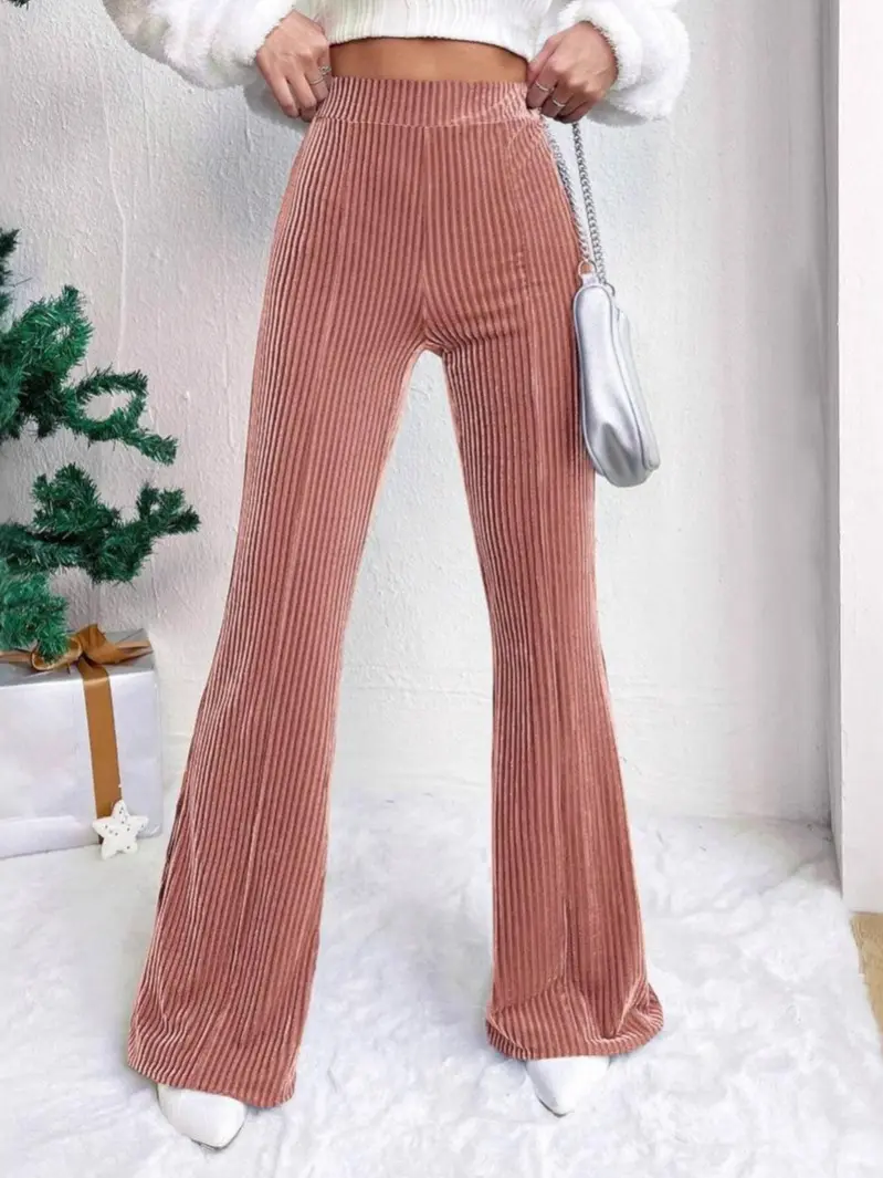 Women's High-Waist Polyester Quilting Light Mini Lamp Wick Corduroy Bell-Bottom Wide-Leg Pants - Casual, Slight Stretch, Threads-Infused Lady Bottoms, Quilted