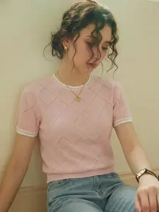 Elegant Women's Spring Summer Fashion Casual Home Wear French Style Dot Stripe Knit Round Neck Short Sleeve Sweater Pullover Tee Top