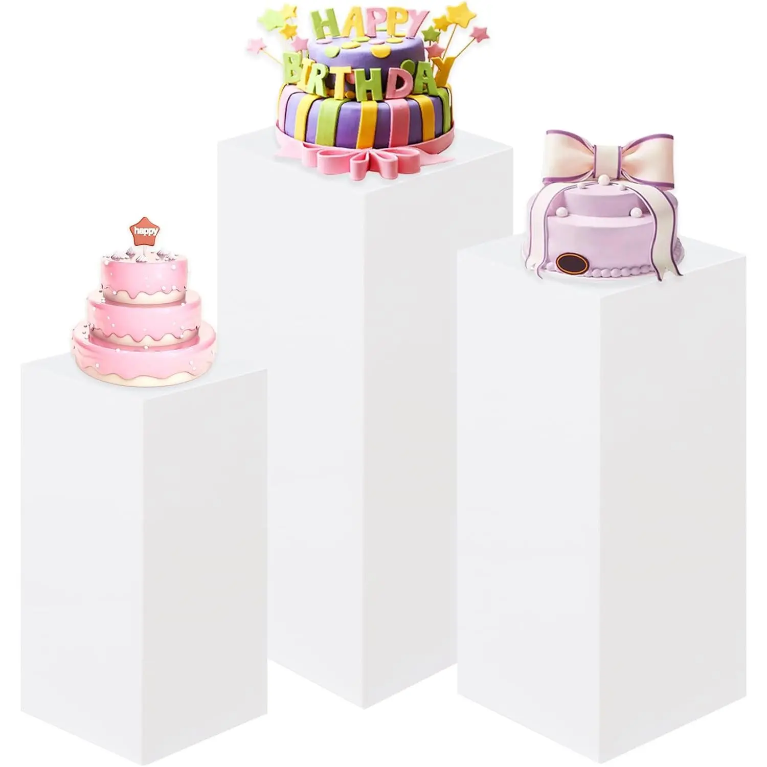 3PCS Square Pedestal Stands for Parties, White Metal Square Plinths Dessert Table Cube Display Pillars for Birthday Wedding Bridal Baby Shower Party Decorations(Large)