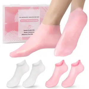 2 Pairs Silicone Moisturizing Socks for Dry Cracked Feet Women, Soft Gel Pedicure Foot Spa Aloe Socks, Anti-Slip Moisturizer Socks for Dry Cracked Feet Overnight Foot Care Pink&White