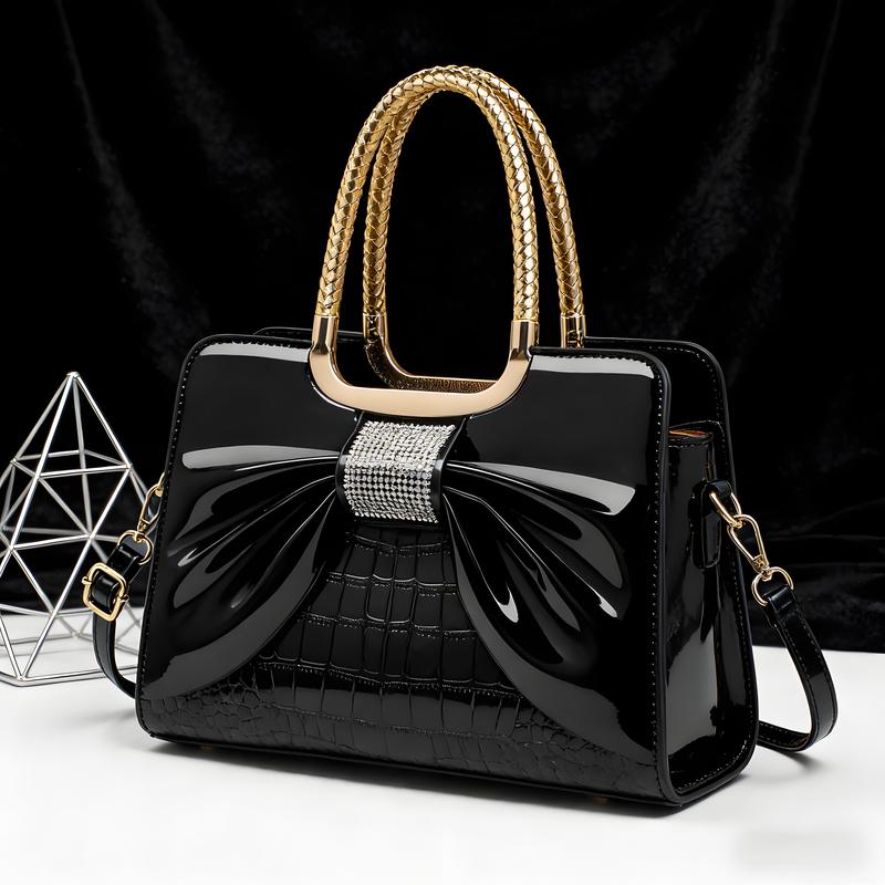 Elegant Temperament Women's Leather Bag-Crocodile Pattern & Bow Detail,3-In-1 Style (Shoulder + Simple Handbag + Classic Crossbody)