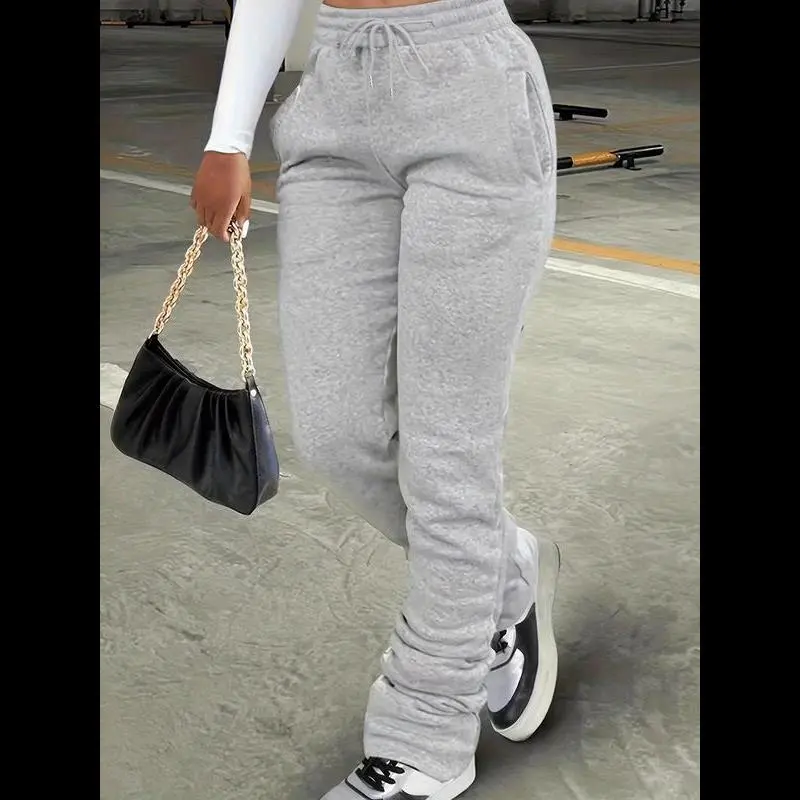 Women's Regular Fit Plain Pocket Drawstring Waist Stackable Sweatpants, Casual Stack Pants Daily Wear, Ladies' Sporty Bottoms All Seasons