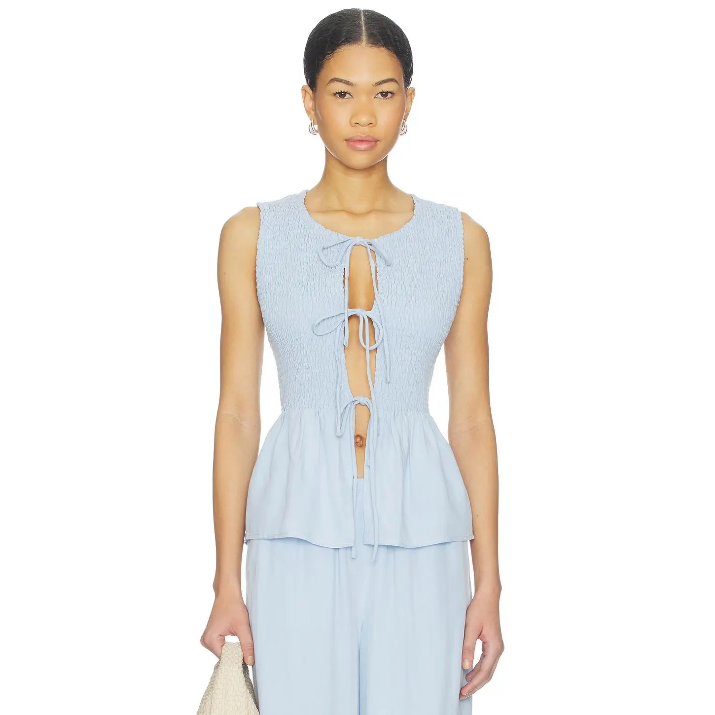 SEVEN WONDERS Fleur Shirred Tie in Front Top in Sky Blue