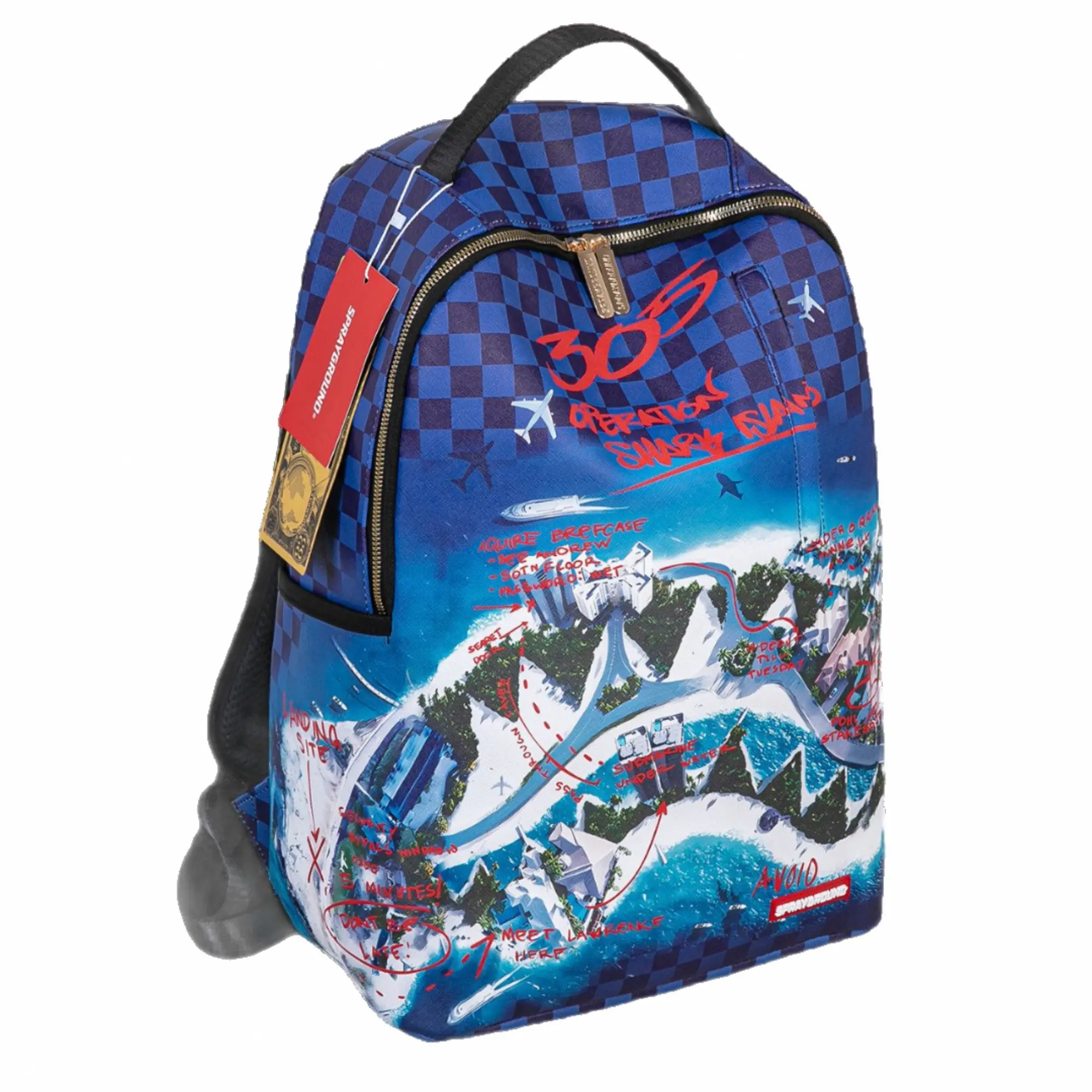 The 305 Shark Island Bank Heist Backpack Streetwear Blue Checkered Map Print Graphic School Bookbag Water Resistant Laptop Bag