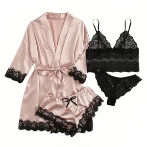 Women's 4-Piece Satin Lace Lingerie Pajama Set with Robe, Shorts, Bralette and Panty