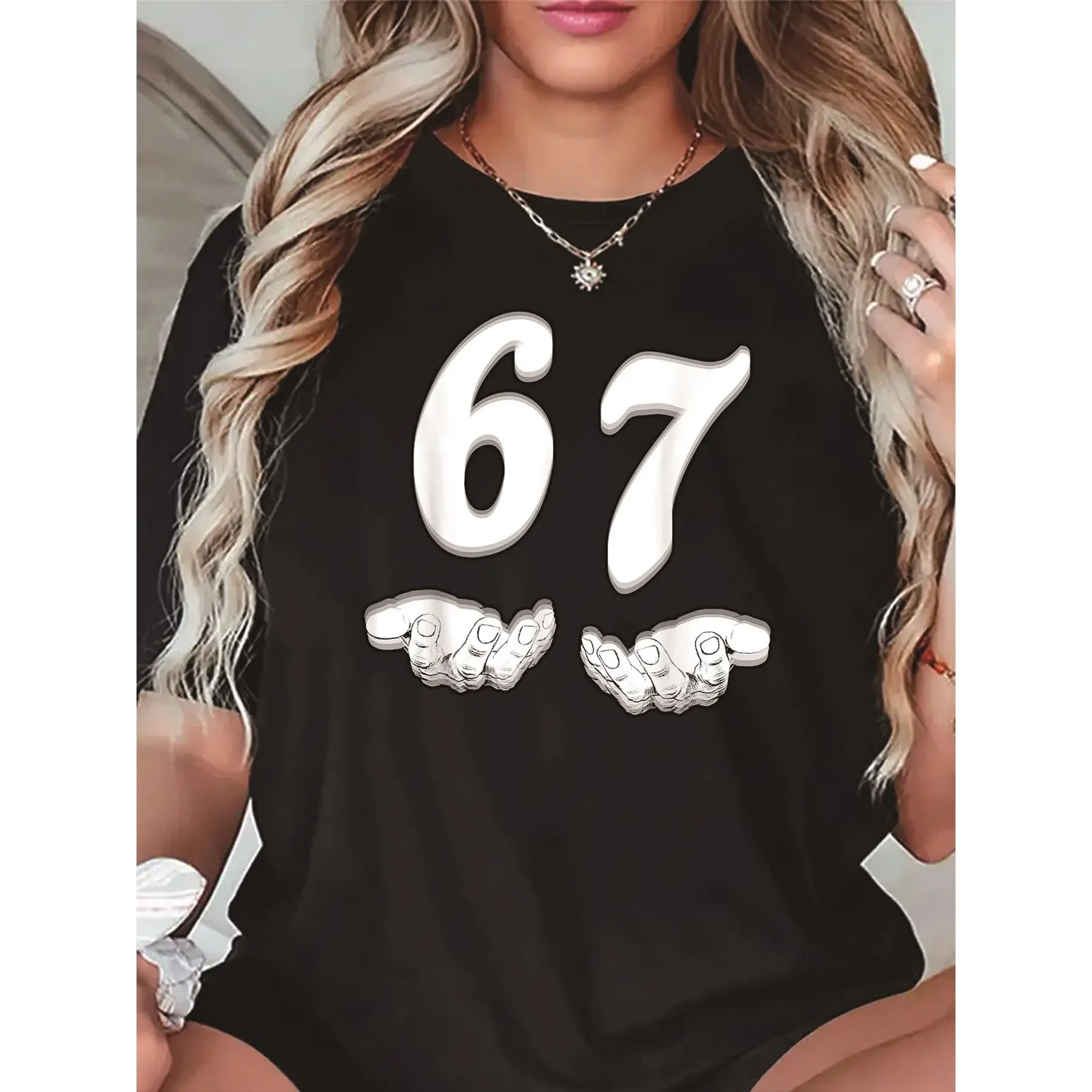 Women's Cotton Graphic Sports Top - Black, Short Sleeve Round Neck, 67 Number & Hands Print, 7 Repeat Design, Soft Cloud-Smooth Seamless, Machine Washable All-Season for Party & Casual Attire