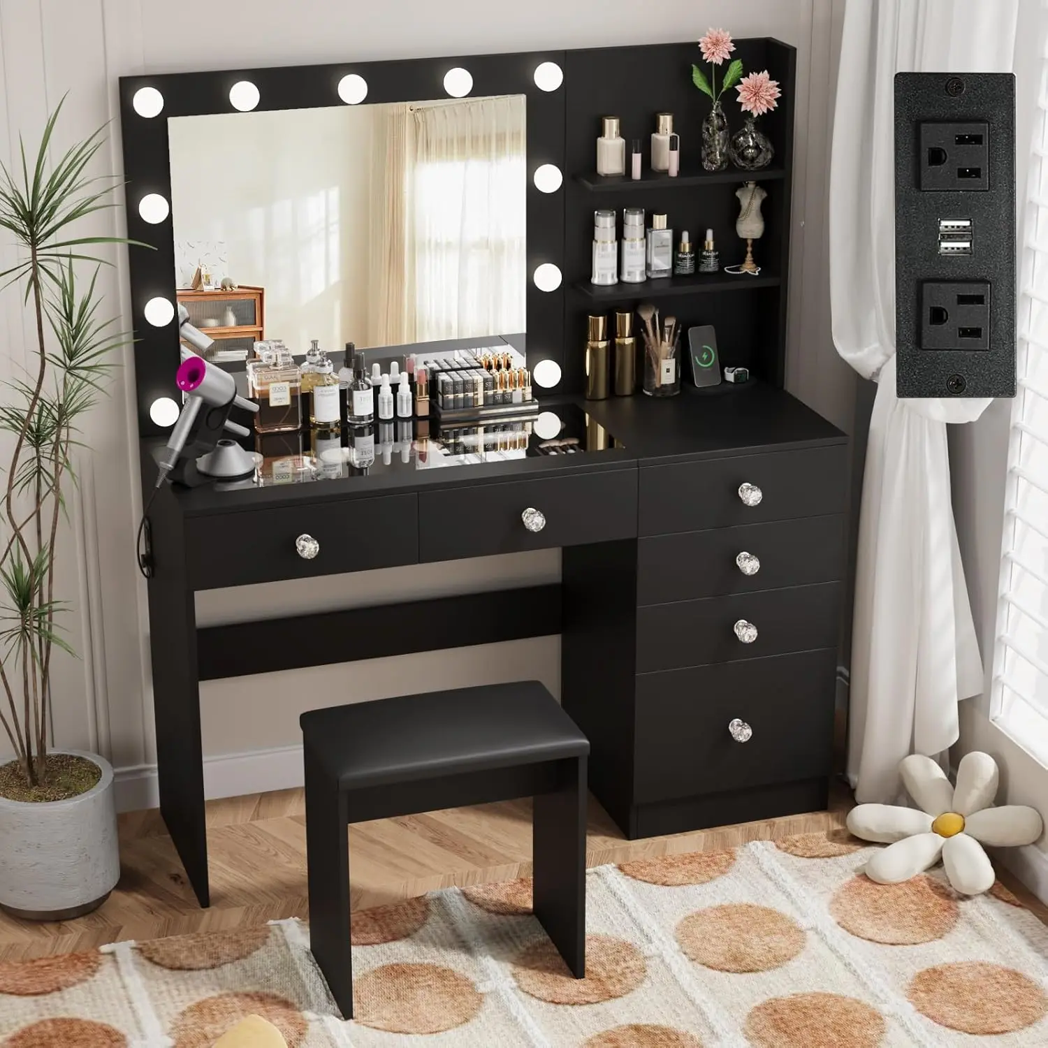 VOWNER 47 in Glass-Top Makeup Vanity Desk - Black Indoor Furniture with Adjustable Design, Outlet, 6 Drawers, 3 Storage Shelves, Mirror, 3-Color Dimmable Lighting, Stool, Crystal Knobs, Assembly Required for Bedroom Vanity Setup, Makeup Organization