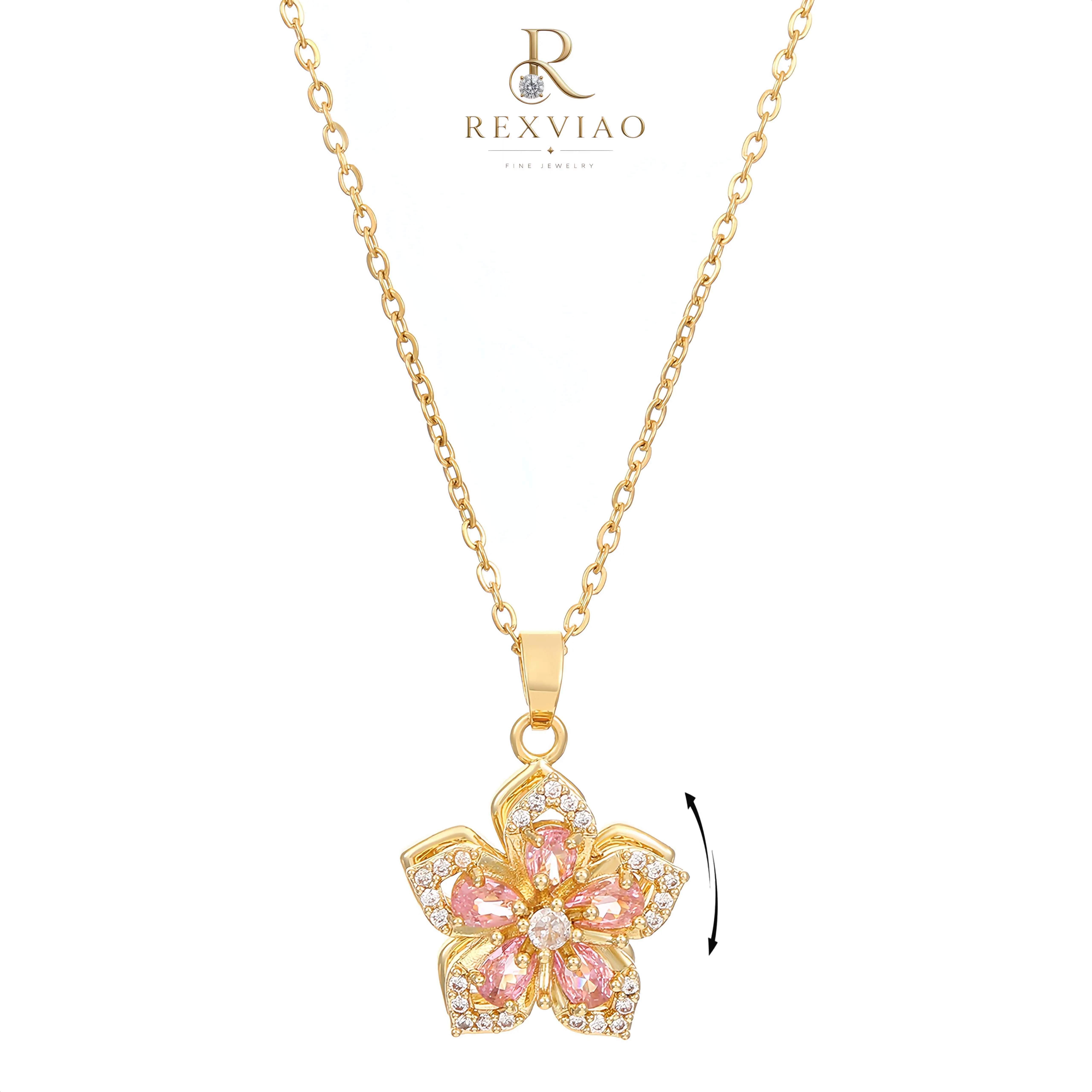 Rexviao Stylish Rotating Bauhinia Pendant Necklace with Cubic Zirconia, Premium Titanium Steel, Unisex Casual Long Daily Accessory, Ideal Gift for Best Friends