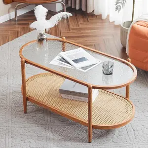 summervibes Karlhome 38" Glass Coffee Table, Oval Coffee Tables for Living Room, Small Coffe Table with 2-Tier Storage, Modern Center Table for Home Decor, Office, Small Space
