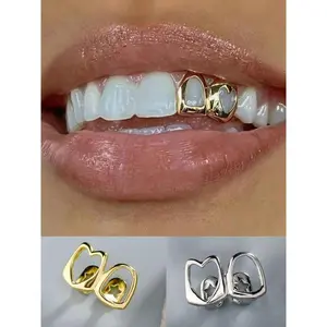 2pcs Gold and silver hollow double-heart-shaped dental braces - stylish gold-plated dental braces, suitable for both men and women, as a daily hip-hop accessory, Teeth Braces