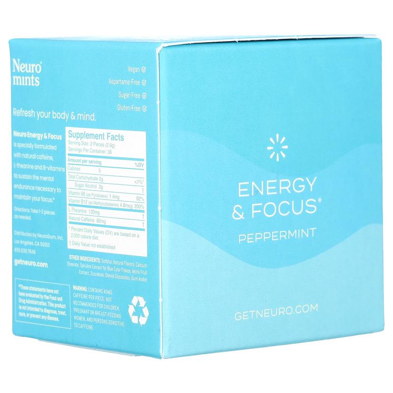 NeuroGum NeuroMints, Energy & Focus, Peppermint, 6 Packs, 12 Pieces Each