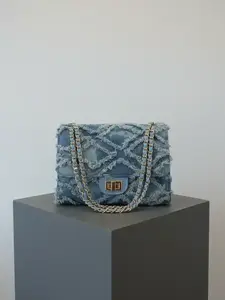 Women's Fashion Chain Strap Denim Rhombus Rough Edge Shoulder Bag, Casual Versatile Solid Color Underarm Bag, Trendy Daily Commuting Bag, Girl Fashionable Bag, Denim Crossbody Bags