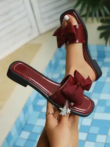 Women's Bow Square Toe Flat Sandals, Cute Casual Summer Fashion, Non-Slip Vacation Shoes, Plain Pattern, Rubber Sole, Less Than Ankle Height.Coquette Casual Shoes, Bow Flat Slides, Summer Chic Sandals.