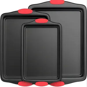 3PCS Carbon Steel Non-Stick Baking Pan Commercial Grade Double-Sided Coating Luxurious Design Red Silicone Handle Oven Safe Kitchen Bakeware