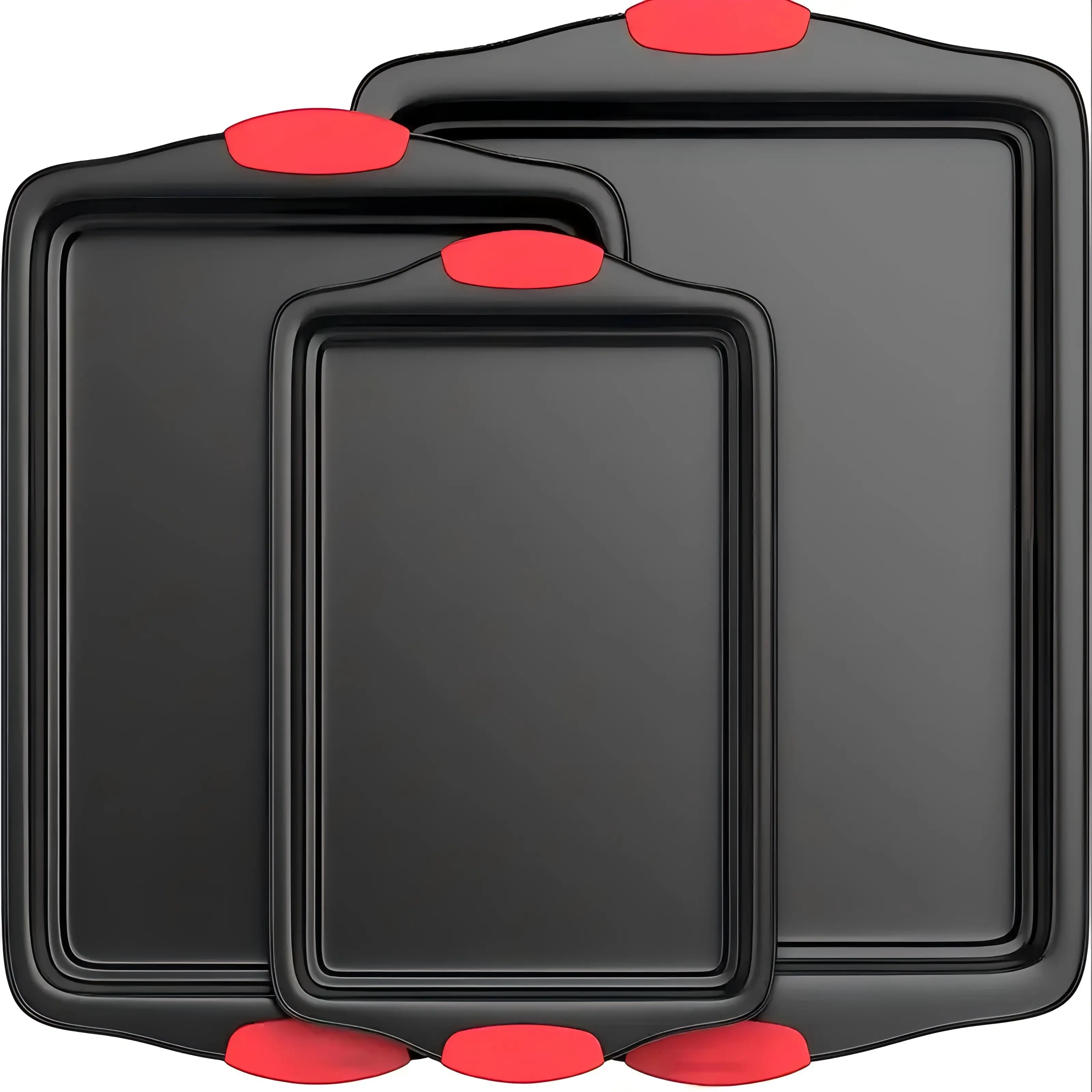 3PCS Carbon Steel Non-Stick Baking Pan Commercial Grade Double-Sided Coating Luxurious Design Red Silicone Handle Oven Safe Kitchen Bakeware