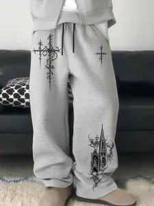 Geometric Cross Print Sweatpants, Loose Fit Dark Gothic Style, Unisex Casual Street Wear, Comfortable for Gym and Workout, Sports Bottoms, Athleisure Style Pants