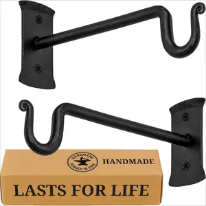 Plant Hangers Outdoor or Indoor - Wrought Iron Metal Hanger Indoor Hook - Heavy Duty Wall Bracket Hooks for Hanging Plants Baskets Lanterns Wind Chimes - 2 Pack (Black Shepherds Hooks)