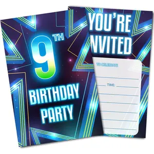 Neon 9th Birthday Party Invitations, Blue Invitation Cards with Envelopes (30PACK), Ninth Birthday Supplies Fill-in Invites for Boys, Girls, Kids
