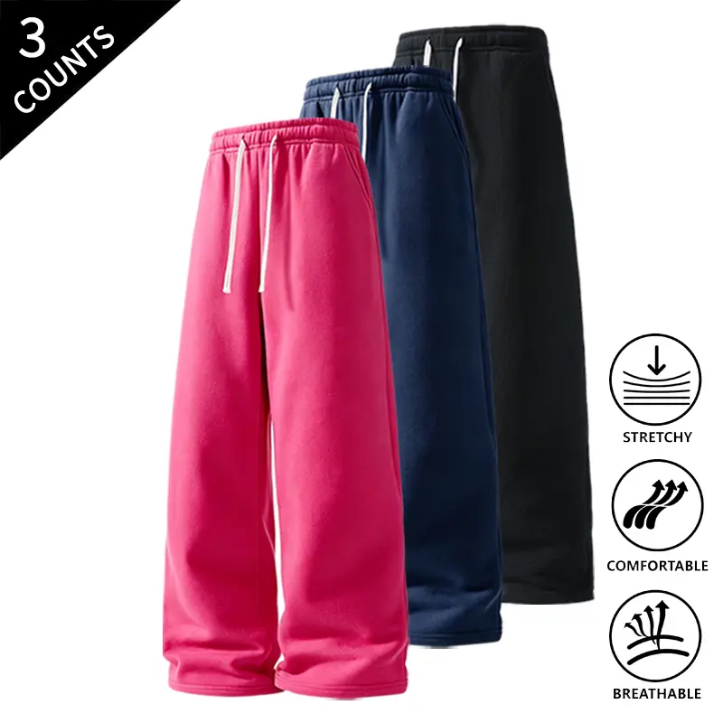 3-Pack Men’s Casual Straight-Leg Athletic Pants, Elastic Drawstring Waist, Stretchable & Breathable, Ultra-Soft Comfortable Pants for All-Day Wear