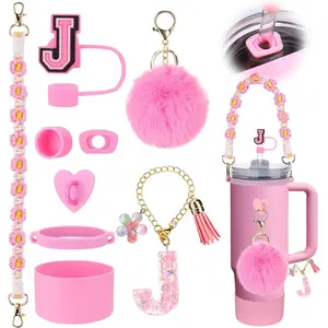 9PCS Pink Cup Accessories Set for Stanley Cup 30oz 40oz tumbler with handle(Letter J)