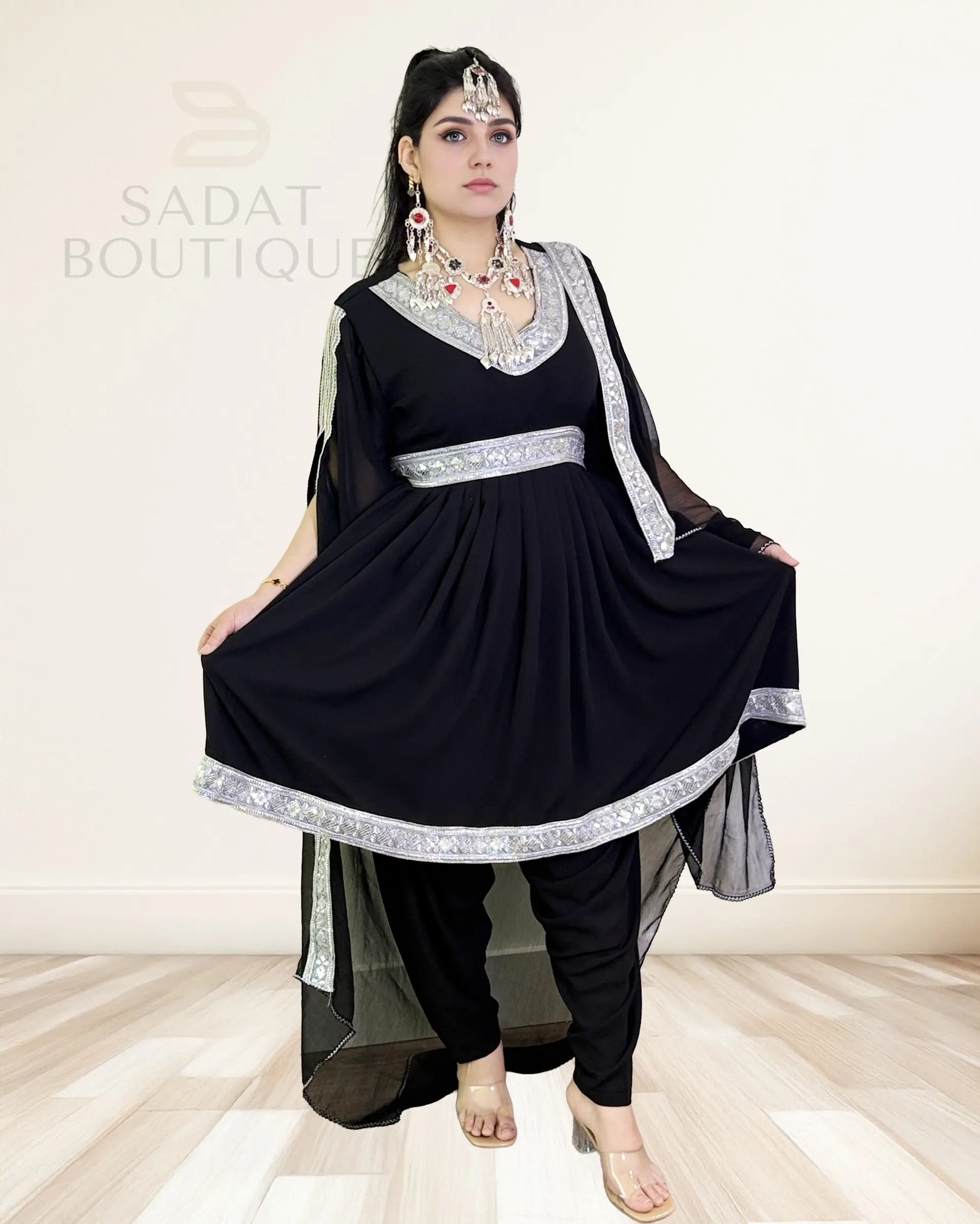 Title: Classic Black Afghan Dress with Silver Trim & Scarf