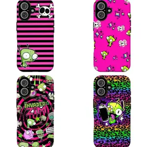 FL-Invad3r Zim GIR Pink Stripes & Skull Phone Case,Y2K Emo Aesthetic Cover For iPhone 11 12 13 14 15 16 17 Air Pro Max for Samsung S26 S25 S24 S23 S22 S21 Case,Gift for her/him/fans