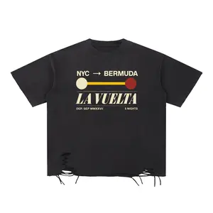 LA VUELTA NYC Subway Sign Print T-Shirt - Baggy Oversized Boxy Drop Shoulder, Distressed Raw Hem, Snow Washed Heavyweight Cotton, Casual Latin Dance Travel Graphic Unisex Men's Women's Streetwear Tee