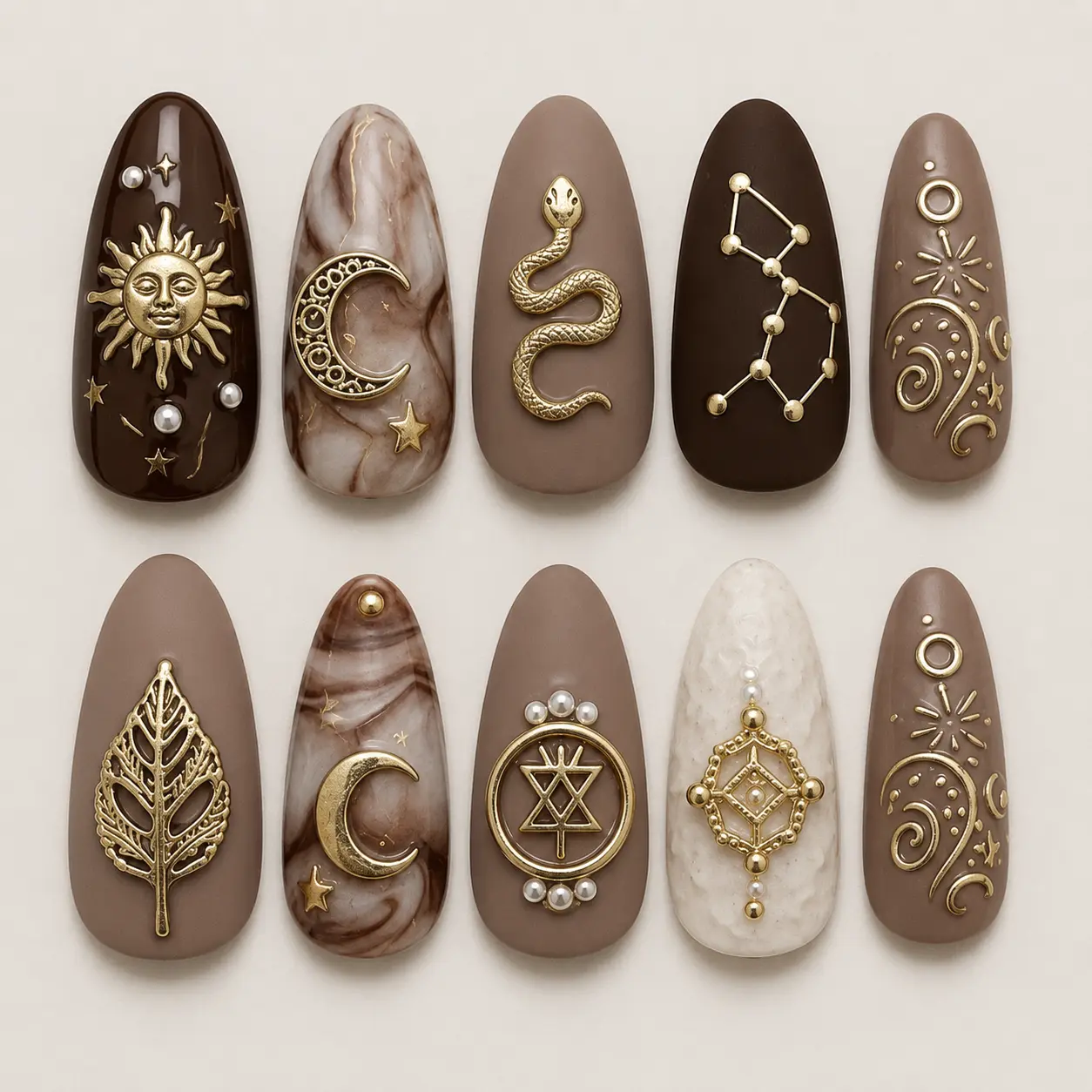 Brown Celestial Press On Nails | Gold Sun Moon Snake Constellation and Leaf Nail Art | Neutral Marble Long Almond Witchy Fake Nail Set