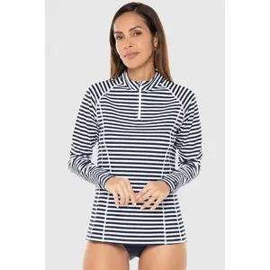Women's Freestyle Long Sleeve Quarter Zip Rash Guard | White/Navy Stripe
