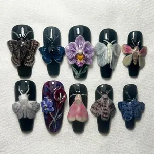 Gothic Dark Moth Press on Nails | 3D Sculpted Orchid & Butterfly Wings | Black Coffin Fake Nails, Luxury Handmade Custom Witchy Set