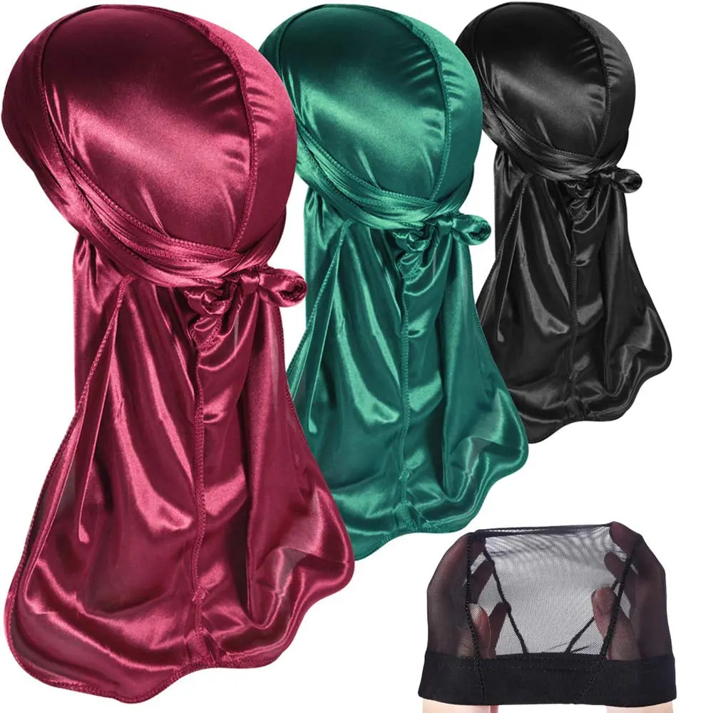 Men's 3-Piece Silky Satin Durags Pack - Double-Wrap Fashion Accessory for Hair Preservation, Long Design, Good Compression, 1 Bonus Dome Cap, Gift-Ready for Father's Day, Birthday