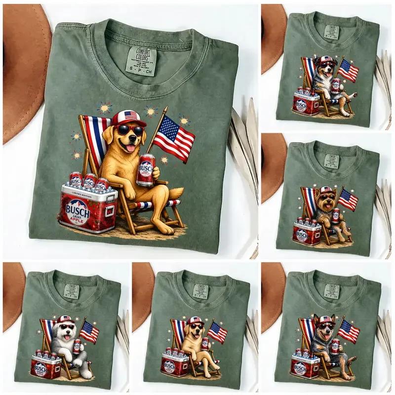 Custom Comfort Colors Moss Patriotic Dog Shirt, 50+ Dog Breeds 4th of July Tee, Busch Light Apple Inspired Puppy Graphic Shirt, Retro Labradoodle Drinking Busch Light Apple Shirt, USA Flag Dog Lover Gift, Independence Day Outfit, Summer BBQ Unisex Tee