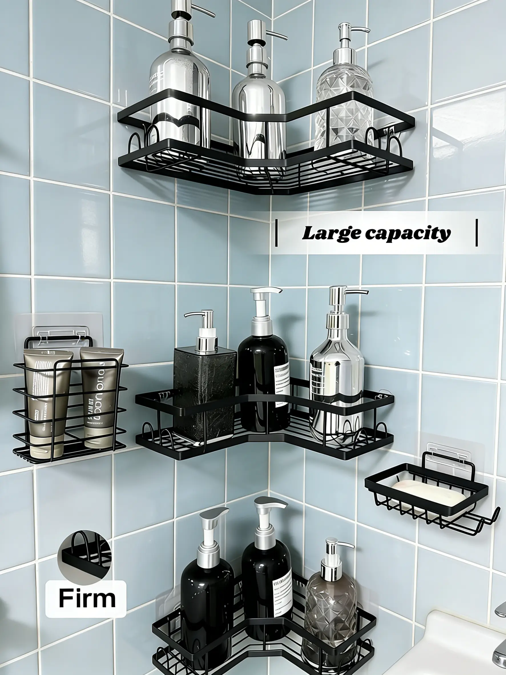 No-Drill Adhesive Shower Caddy - Wall-Mounted Corner Shower Organizer, Large-Capacity Multi-Layer Waterproof Rust-Resistant Bathroom Gadget for Bathroom Necessities, Beauty Products (Modern Multi-Piece Design)