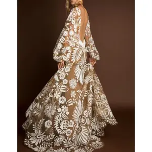 Women's Deep V Mesh Embroidered Puff Sleeve Backless Dress DressTT573 D241