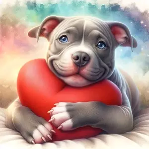 Cute Blue Gray American Bully Puppy With Love Heart Pillow Art Painting Diamond Painting 5D DIY Diamond Painting Kit Full Drill Square Round Diamonds Embroidery Cross Stitch Art Craft Home Wall Decor Unique Art Gift  Handmade Decorative Painting Set