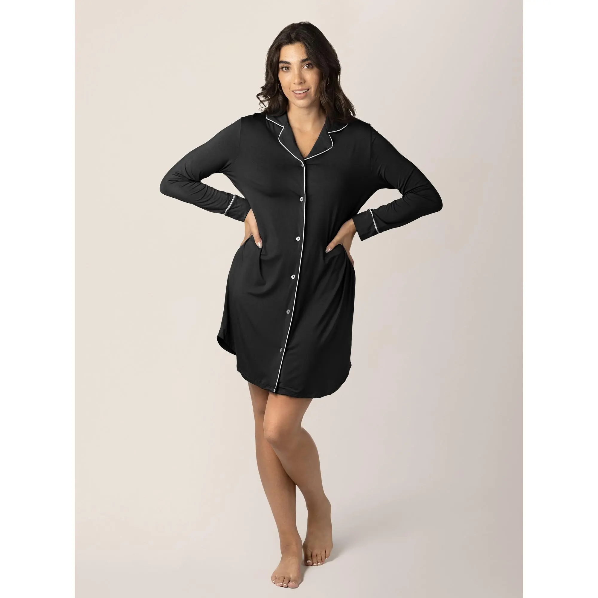 Clea Bamboo Long Sleeve Sleep Shirt | Black