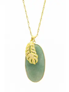 Green Aventurine & Austrian Crystal Leaf Pendant Necklace In Gold