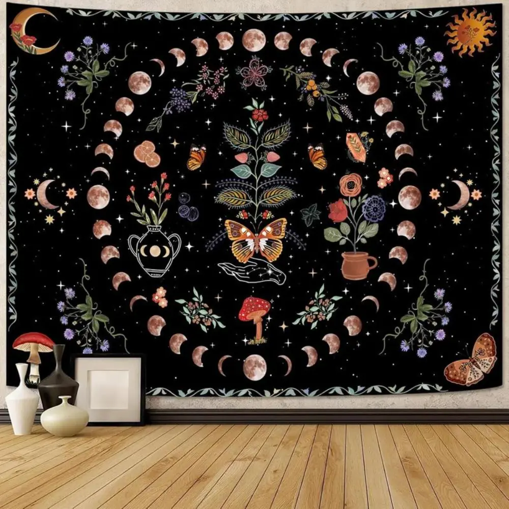 Vintage Boho Floral Moon Tapestry Orange Butterfly Flower Plant Tapestries for Bedroom Aesthetic Nature Mandala Bohemian Botanical Tapestry Wall Hanging for Living Room Dorm Decor Landscape Retro Swiss Starry Sky Pattern Decorative